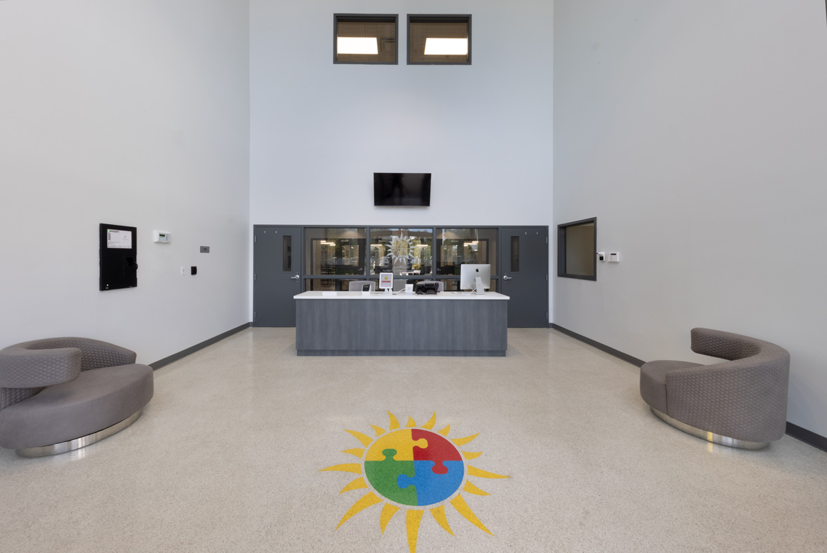 Interior design view of the lobby at the South Florida Autism Charter School  in Miami FL. 